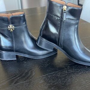 Tory Burch Black Ankle Booties with Gold Logo